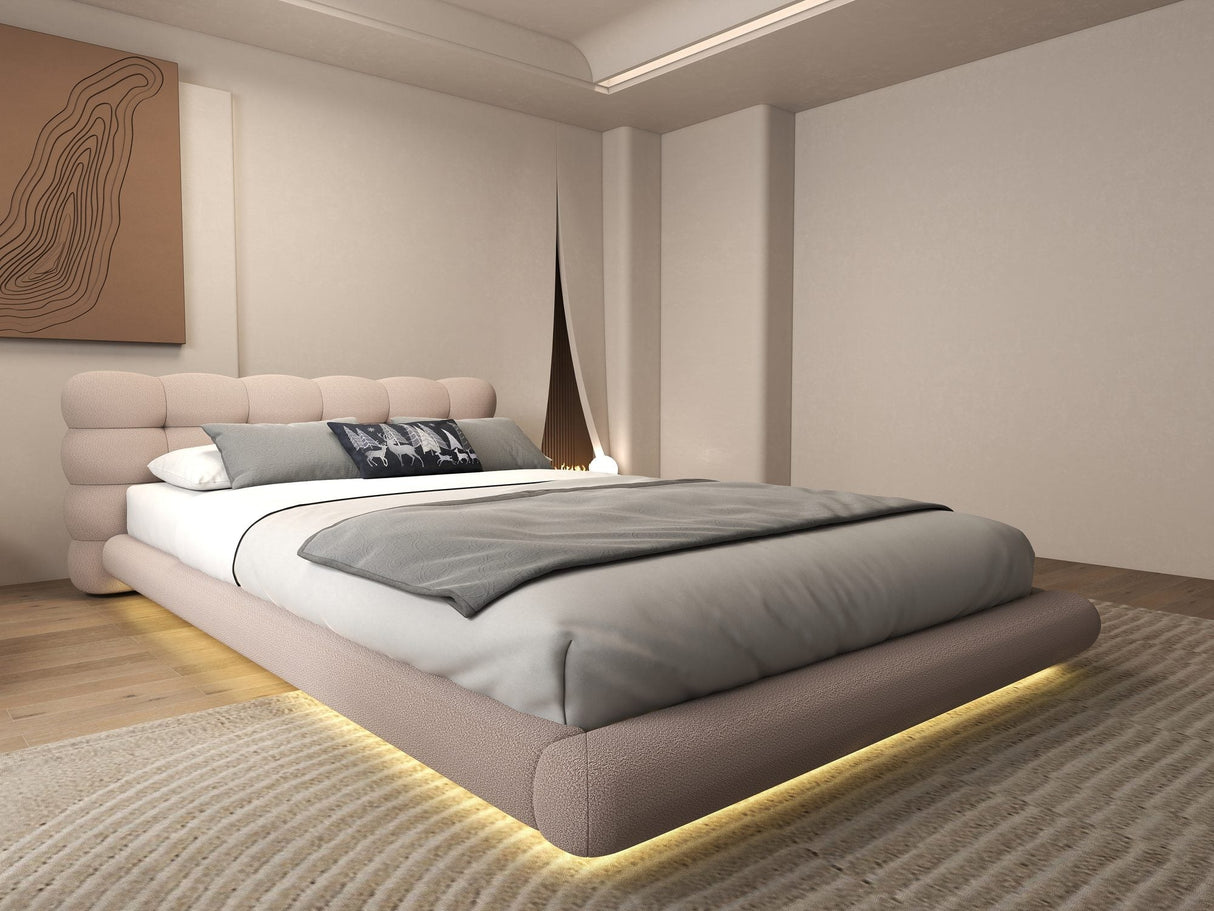 Pat dormitor dumonde, tapitat roz cu LED "floating bed" Cloud 180x200 cm, somiera inclusa