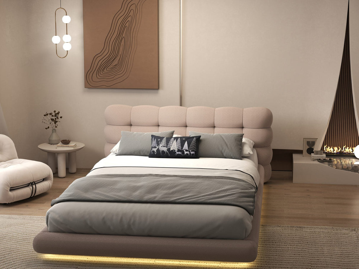 Pat dormitor dumonde, tapitat roz cu LED "floating bed" Cloud 180x200 cm, somiera inclusa