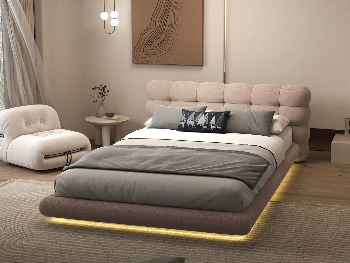 Pat dormitor dumonde, tapitat roz cu LED "floating bed" Cloud 180x200 cm, somiera inclusa