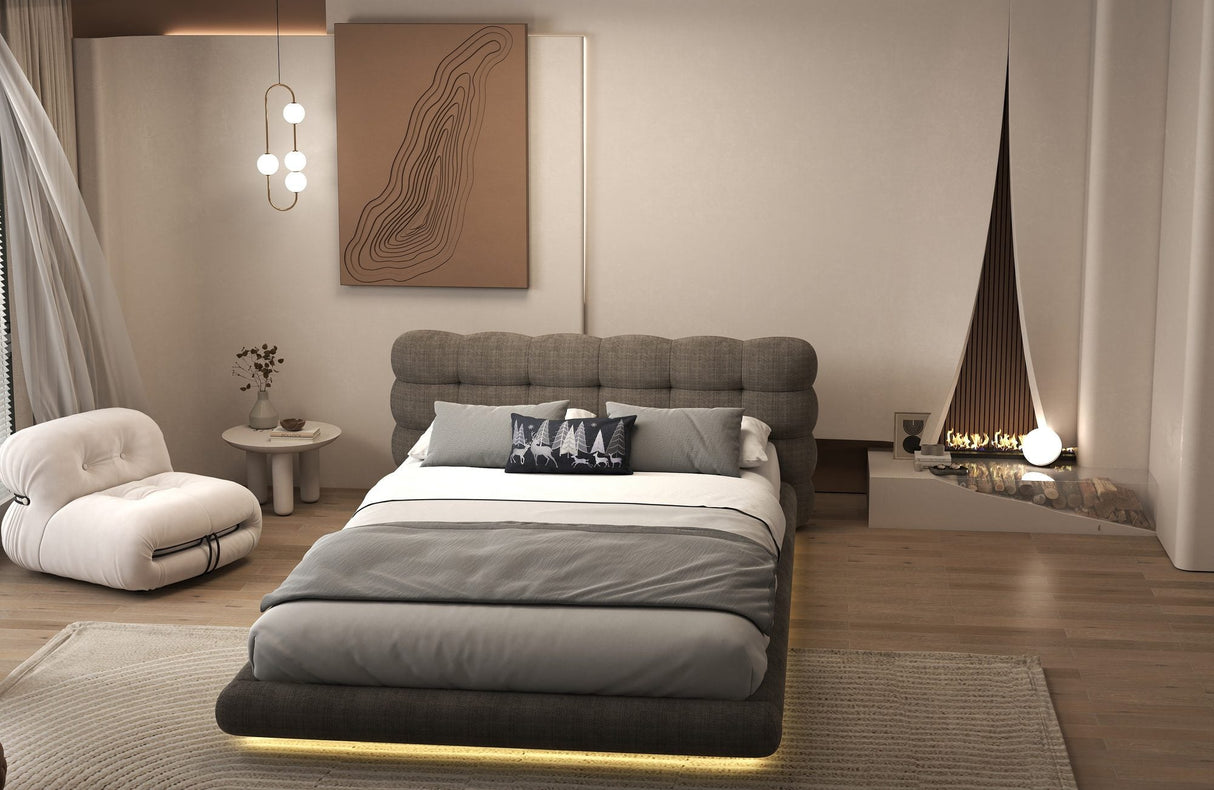 Pat dormitor dumonde, tapitat maro cu LED "floating bed" Cloud 180x200 cm, somiera inclusa
