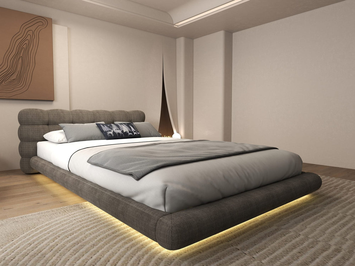 Pat dormitor dumonde, tapitat maro cu LED "floating bed" Cloud 180x200 cm, somiera inclusa