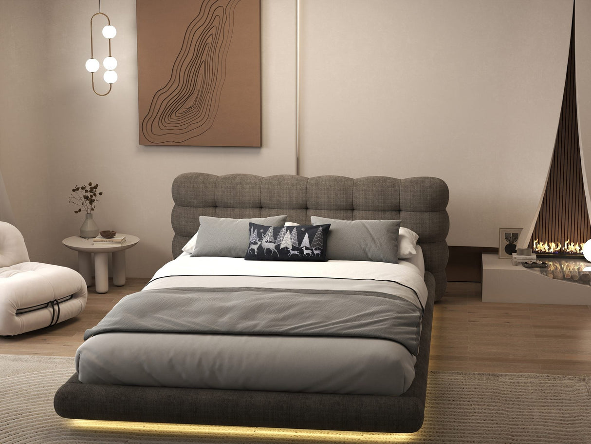Pat dormitor dumonde, tapitat maro cu LED "floating bed" Cloud 180x200 cm, somiera inclusa