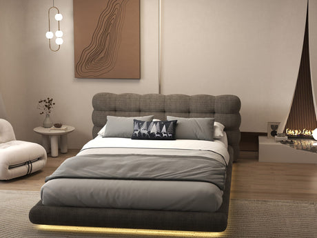 Pat dormitor dumonde, tapitat maro cu LED "floating bed" Cloud 180x200 cm, somiera inclusa