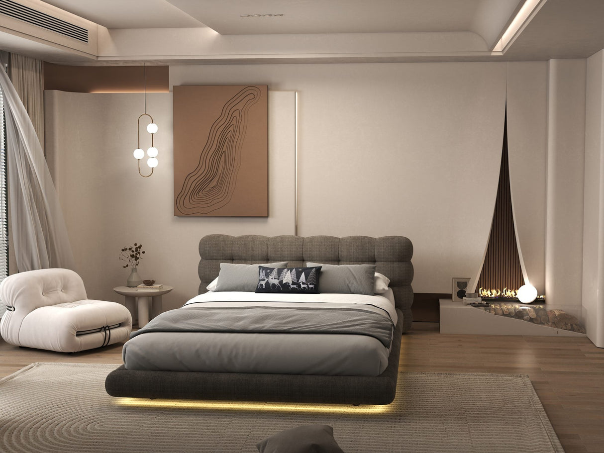Pat dormitor dumonde, tapitat maro cu LED "floating bed" Cloud 180x200 cm, somiera inclusa
