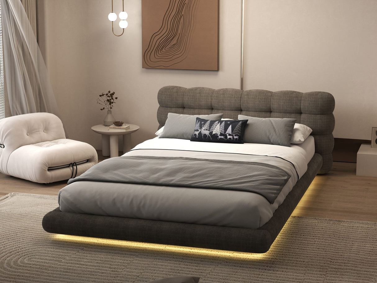 Pat dormitor dumonde, tapitat maro cu LED "floating bed" Cloud 180x200 cm, somiera inclusa