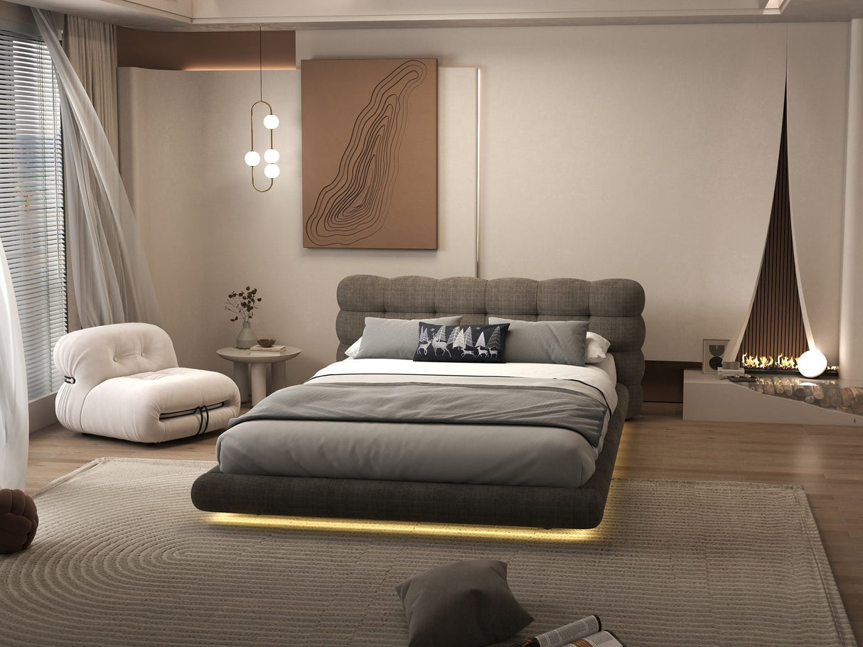 Pat dormitor dumonde, tapitat maro cu LED "floating bed" Cloud 180x200 cm, somiera inclusa
