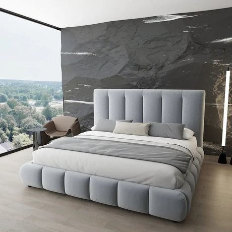 Pat dormitor dumonde, tapitat gri, Divaneo 140x200 cm, somiera rabatabila inclusa, spatiu depozitare