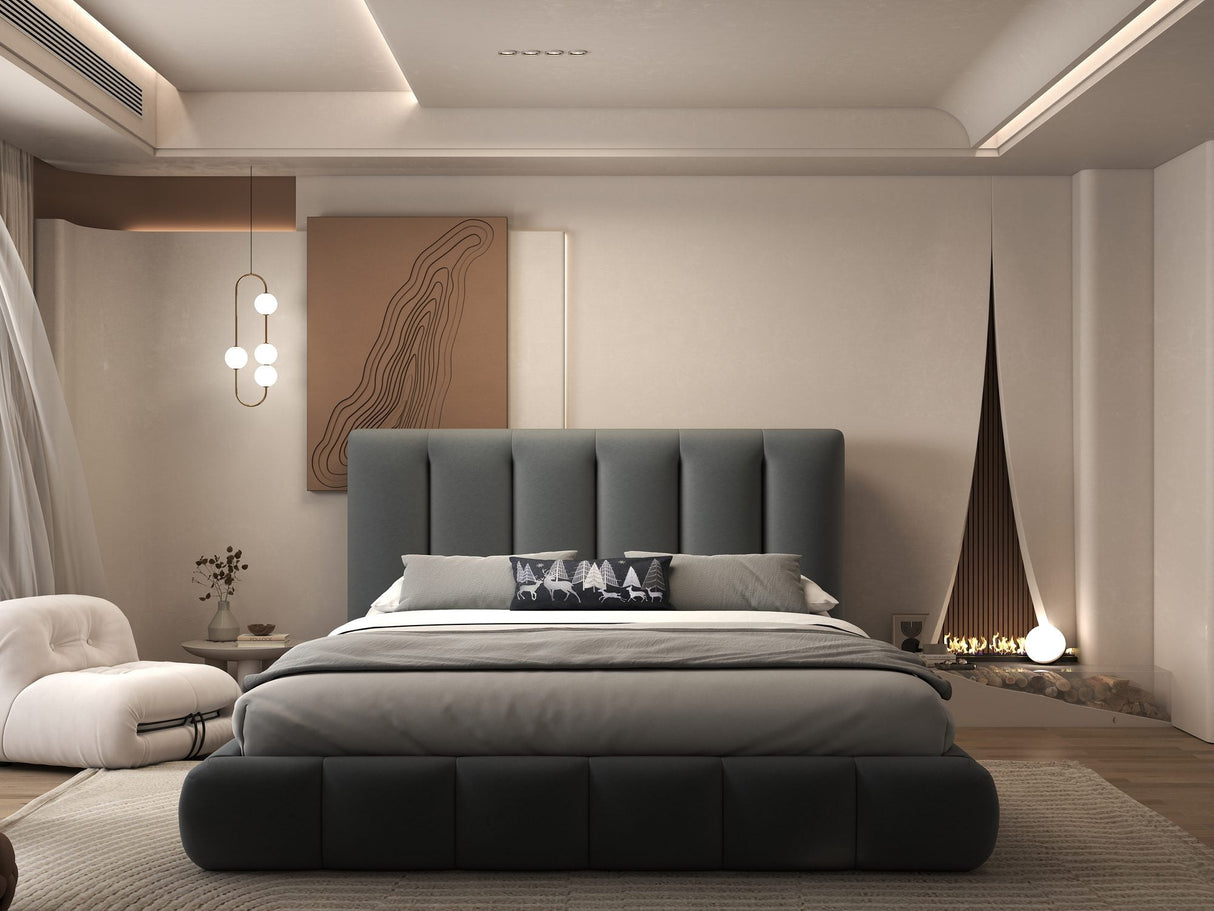 Pat dormitor dumonde, tapitat gri, Divaneo 160x200 cm, somiera rabatabila inclusa, spatiu depozitare