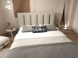 Pat dormitor dumonde, tapitat bej, Divaneo 160x200 cm, somiera rabatabila inclusa, spatiu depozitare