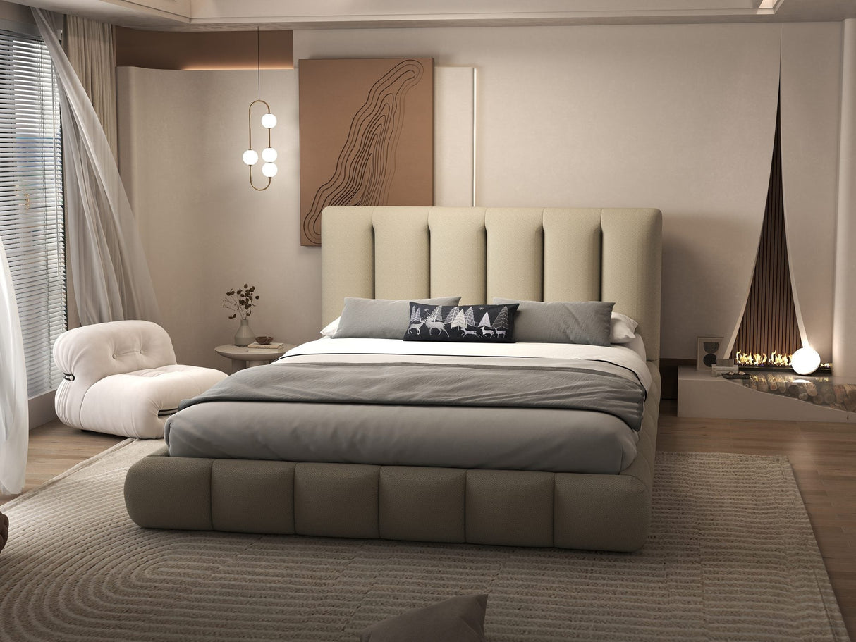 Set Pat dormitor dumonde, tapitat bej, Divaneo 180x200 cm, somiera rabatabila inclusa, spatiu depozitare + saltea