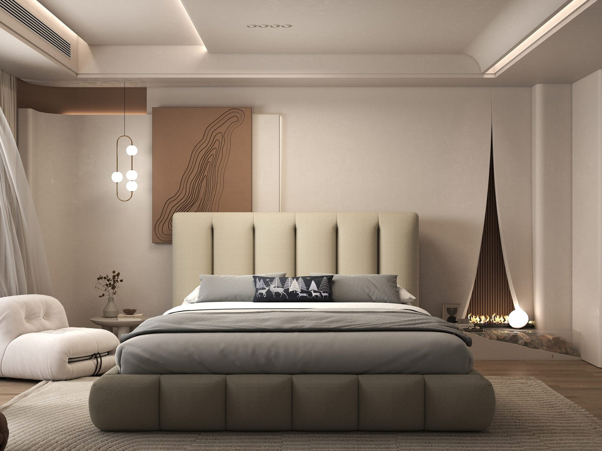Set Pat dormitor dumonde, tapitat bej, Divaneo 180x200 cm, somiera rabatabila inclusa, spatiu depozitare + saltea