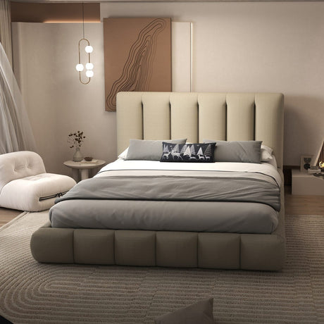 Set Pat dormitor dumonde, tapitat bej, Divaneo 180x200 cm, somiera rabatabila inclusa, spatiu depozitare + saltea