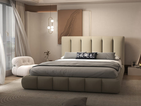 Set Pat dormitor dumonde, tapitat bej, Divaneo 180x200 cm, somiera rabatabila inclusa, spatiu depozitare + saltea