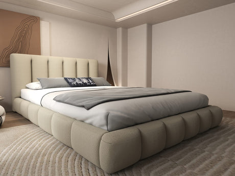 Set Pat dormitor dumonde, tapitat bej, Divaneo 180x200 cm, somiera rabatabila inclusa, spatiu depozitare + saltea