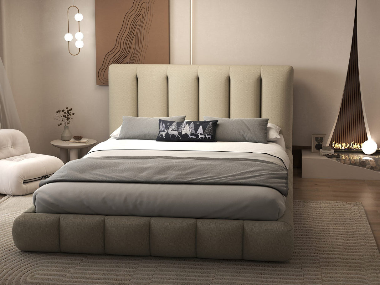 Set Pat dormitor dumonde, tapitat bej, Divaneo 180x200 cm, somiera rabatabila inclusa, spatiu depozitare + saltea