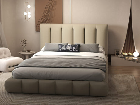 Set Pat dormitor dumonde, tapitat bej, Divaneo 180x200 cm, somiera rabatabila inclusa, spatiu depozitare + saltea