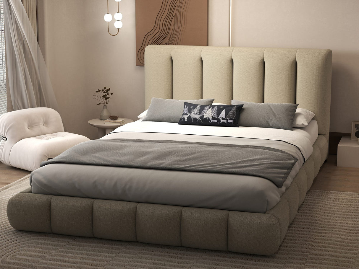Set Pat dormitor dumonde, tapitat bej, Divaneo 180x200 cm, somiera rabatabila inclusa, spatiu depozitare + saltea