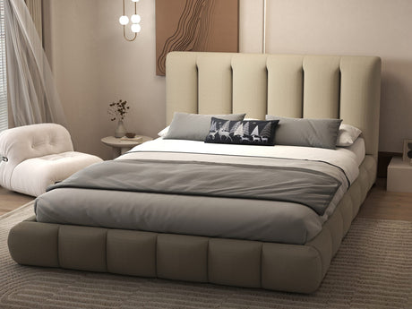 Set Pat dormitor dumonde, tapitat bej, Divaneo 180x200 cm, somiera rabatabila inclusa, spatiu depozitare + saltea