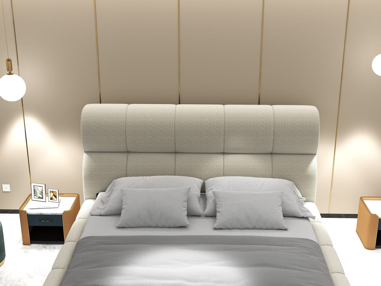 Pat dormitor dumonde, tapitat bej, Elaris 160x200 cm, somiera rabatabila inclusa, spatiu depozitare