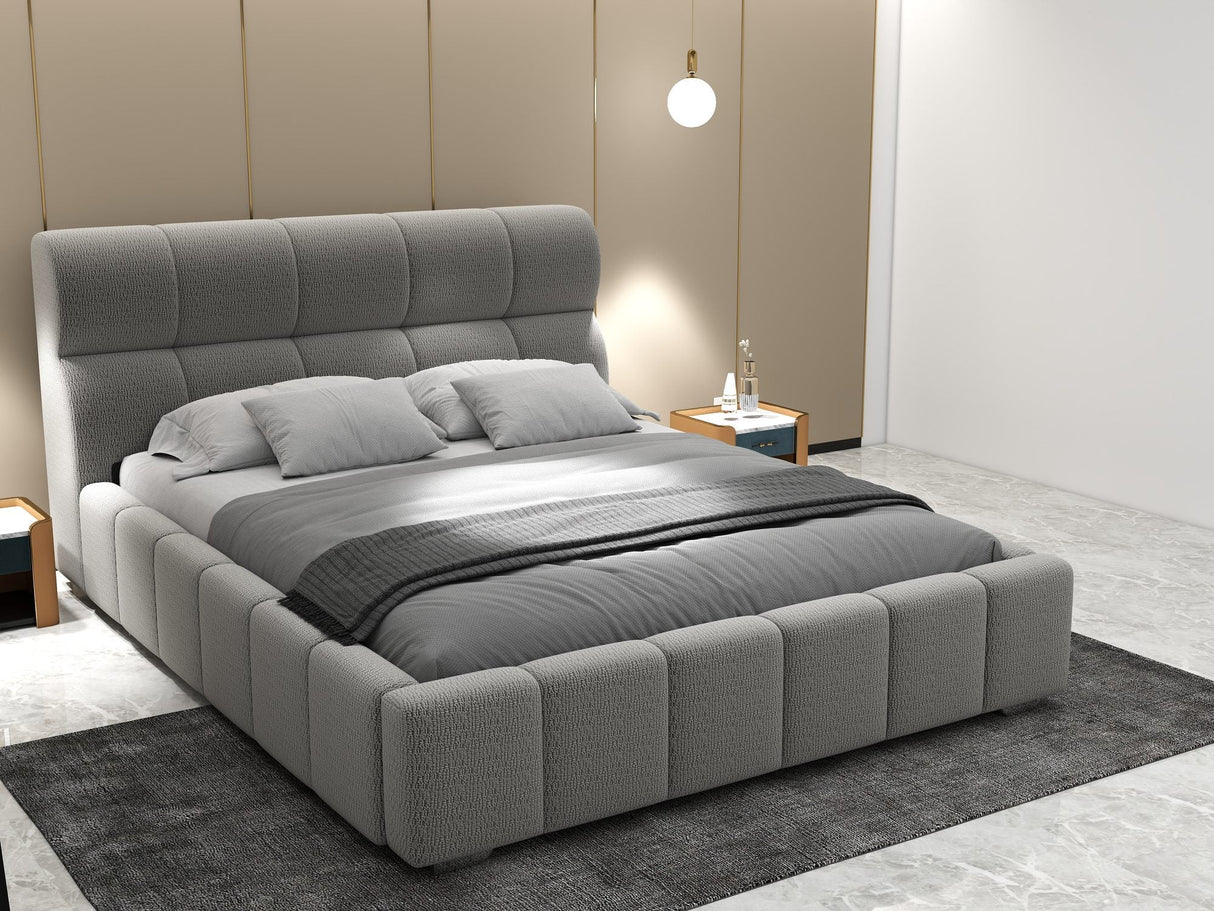 Pat dormitor dumonde, tapitat gri, Elaris 160x200 cm, somiera rabatabila inclusa, spatiu depozitare
