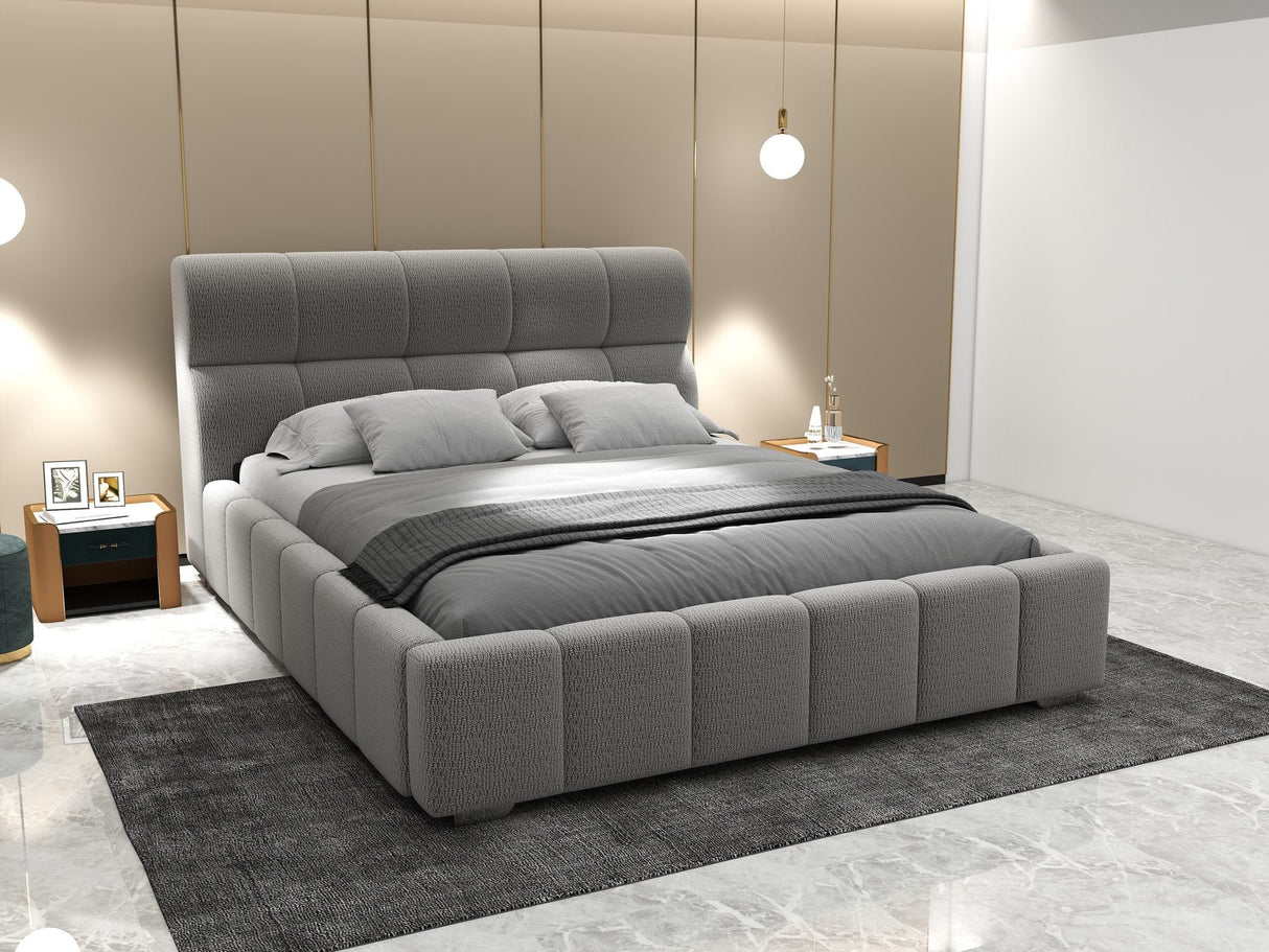Pat dormitor dumonde, tapitat gri, Elaris 160x200 cm, somiera rabatabila inclusa, spatiu depozitare