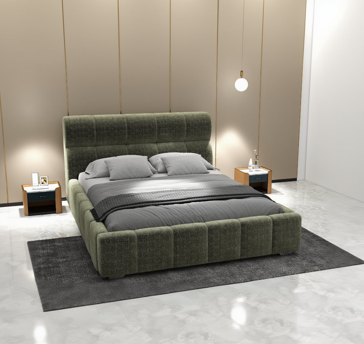 Pat dormitor dumonde, tapitat verde, Elaris 180x200 cm, somiera rabatabila inclusa, spatiu depozitare