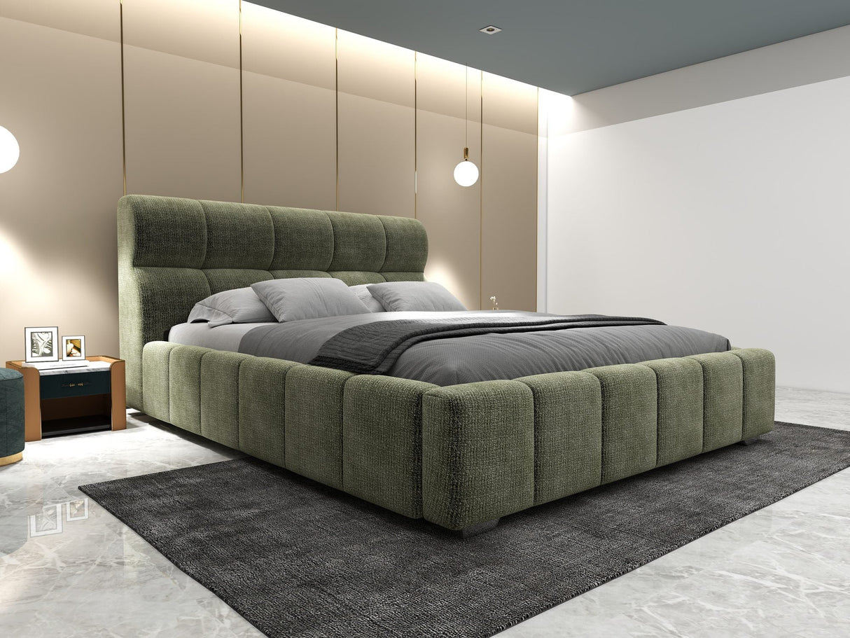 Pat dormitor dumonde, tapitat verde, Elaris 180x200 cm, somiera rabatabila inclusa, spatiu depozitare