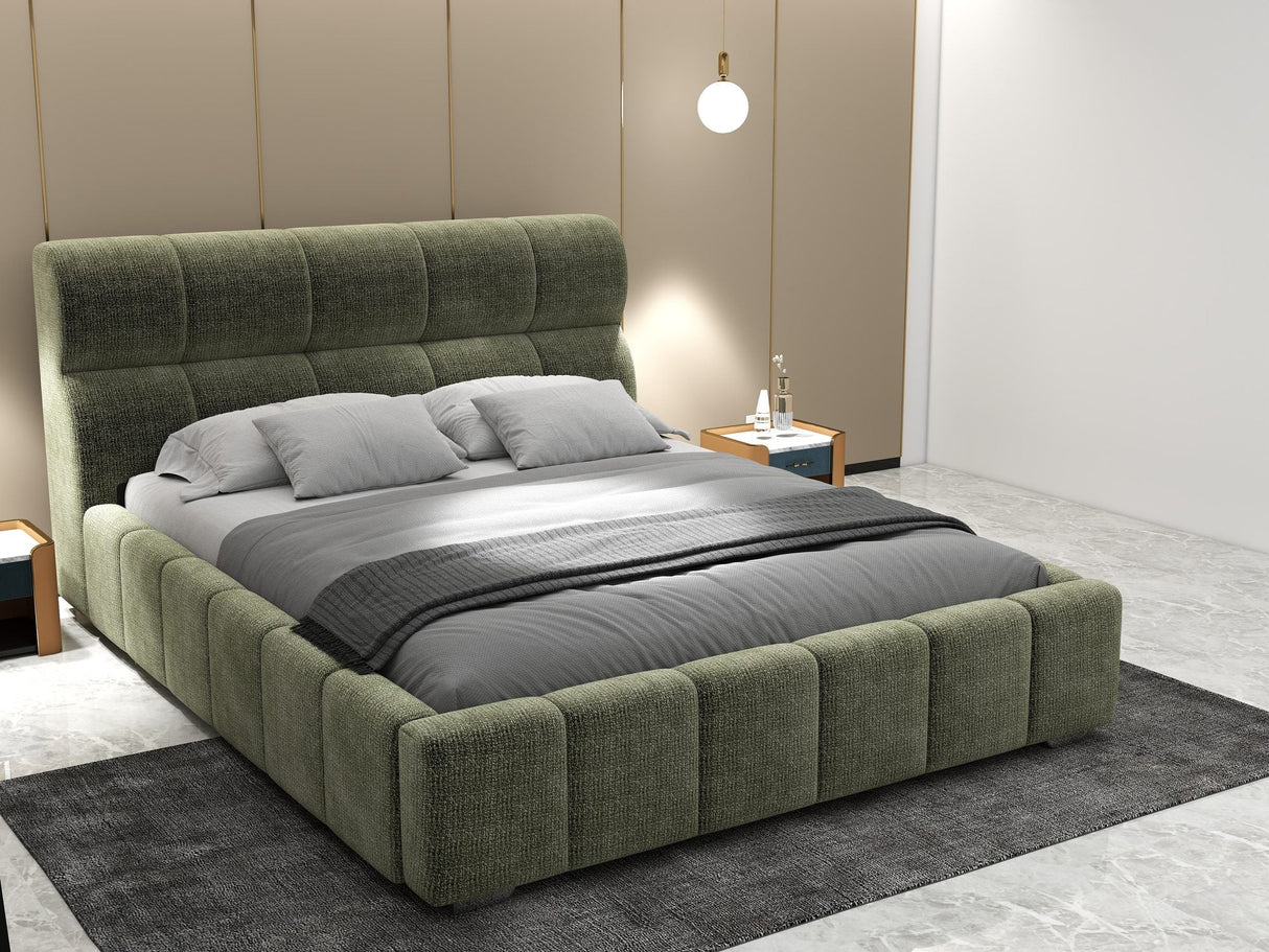 Pat dormitor dumonde, tapitat verde, Elaris 180x200 cm, somiera rabatabila inclusa, spatiu depozitare