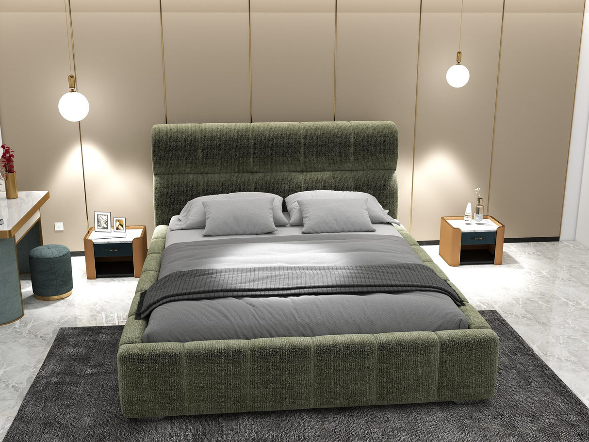 Pat dormitor dumonde, tapitat verde, Elaris 180x200 cm, somiera rabatabila inclusa, spatiu depozitare