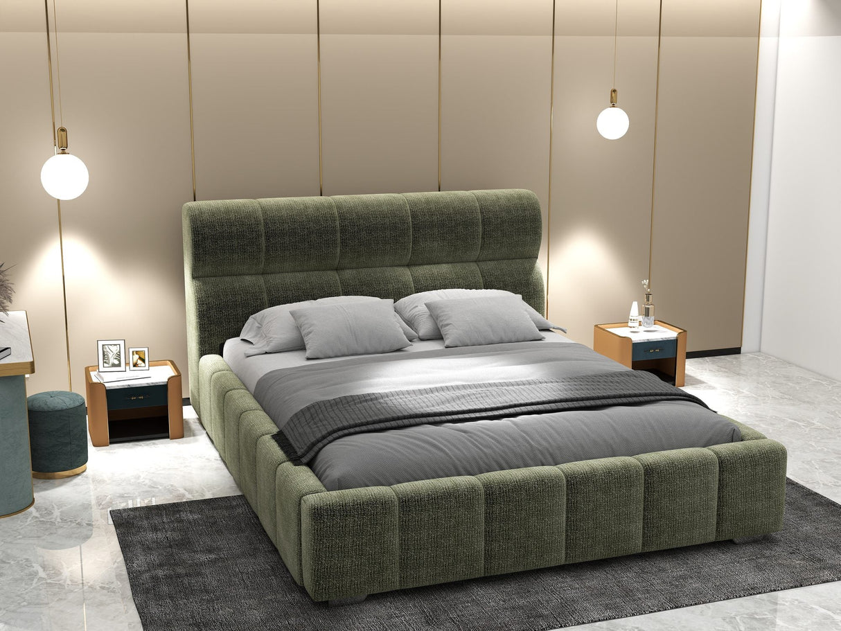 Pat dormitor dumonde, tapitat verde, Elaris 180x200 cm, somiera rabatabila inclusa, spatiu depozitare