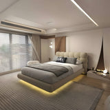 Set Pat dormitor dumonde, tapitat bej cu LED, "floating bed" Cloud 160x200 cm, somiera inclusa + saltea