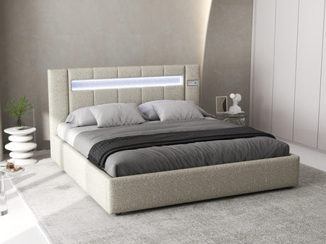 Set Pat dormitor dumonde, tapitat bej, Glow 140x200 cm, somiera rabatabila inclusa, spatiu depozitare + saltea
