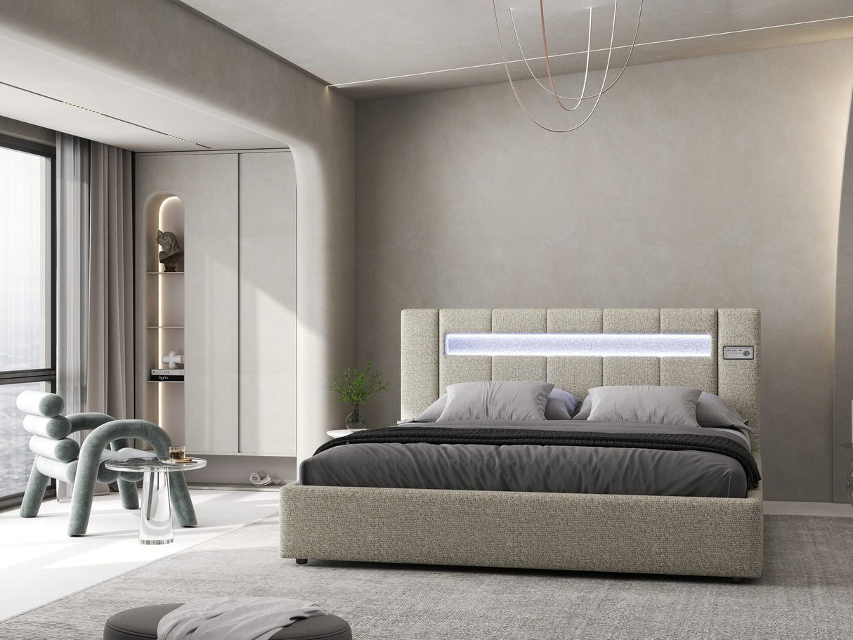 Set Pat dormitor dumonde, tapitat bej, Glow 140x200 cm, somiera rabatabila inclusa, spatiu depozitare + saltea