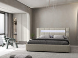 Set Pat dormitor dumonde, tapitat bej, Glow 140x200 cm, somiera rabatabila inclusa, spatiu depozitare + saltea