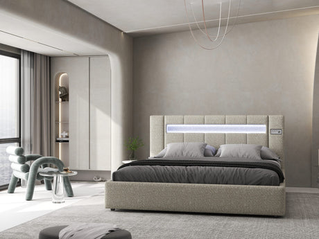 Set Pat dormitor dumonde, tapitat bej, Glow 140x200 cm, somiera rabatabila inclusa, spatiu depozitare + saltea