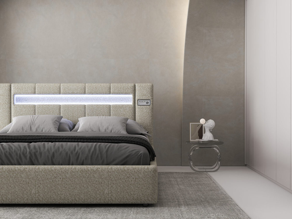Set Pat dormitor dumonde, tapitat bej, Glow 140x200 cm, somiera rabatabila inclusa, spatiu depozitare + saltea