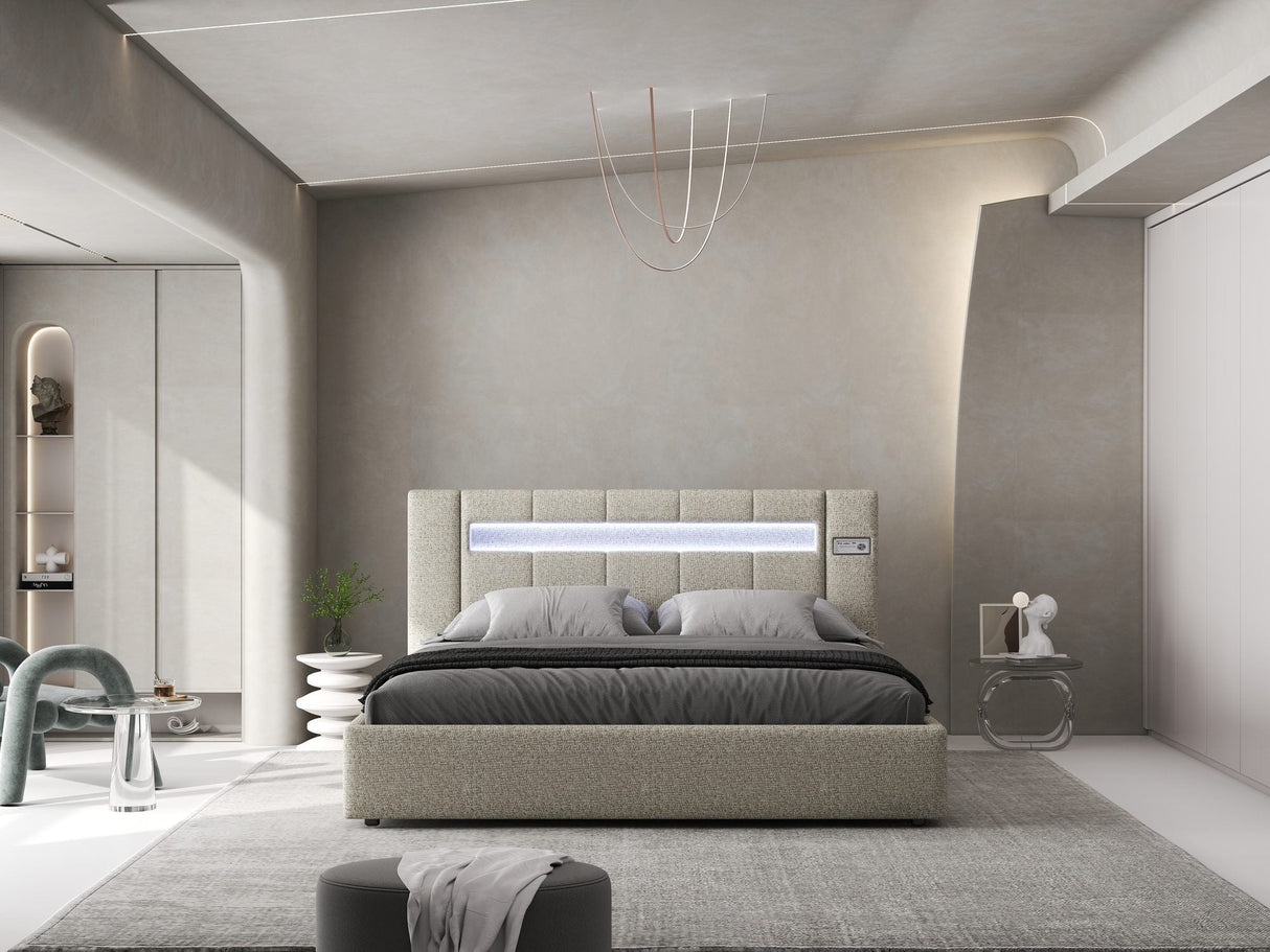 Set Pat dormitor dumonde, tapitat bej, Glow 140x200 cm, somiera rabatabila inclusa, spatiu depozitare + saltea