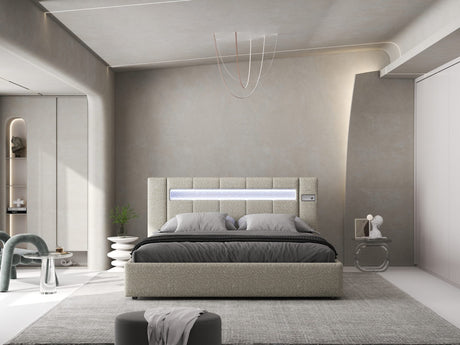 Set Pat dormitor dumonde, tapitat bej, Glow 140x200 cm, somiera rabatabila inclusa, spatiu depozitare + saltea