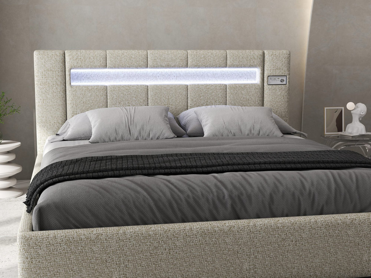 Set Pat dormitor dumonde, tapitat bej, Glow 140x200 cm, somiera rabatabila inclusa, spatiu depozitare + saltea