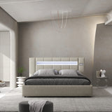 Set Pat dormitor dumonde, tapitat bej, Glow 140x200 cm, somiera rabatabila inclusa, spatiu depozitare + saltea