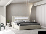 Set Pat dormitor dumonde, tapitat bej, Glow 160x200 cm, somiera rabatabila inclusa, spatiu depozitare + saltea