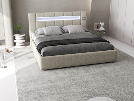 Set Pat dormitor dumonde, tapitat bej, Glow 160x200 cm, somiera rabatabila inclusa, spatiu depozitare + saltea