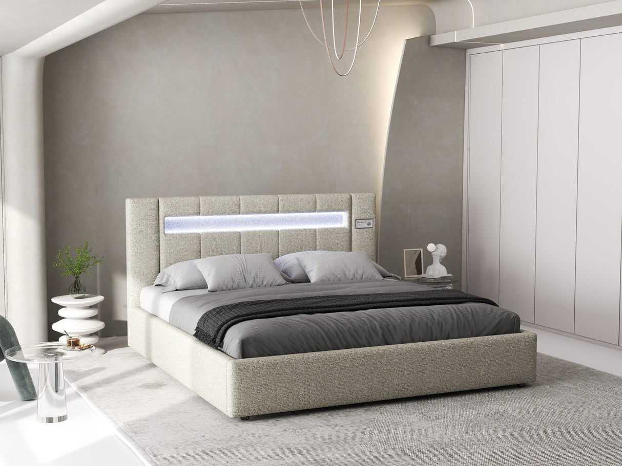 Set Pat dormitor dumonde, tapitat bej, Glow 160x200 cm, somiera rabatabila inclusa, spatiu depozitare + saltea