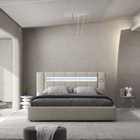 Set Pat dormitor dumonde, tapitat bej, Glow 160x200 cm, somiera rabatabila inclusa, spatiu depozitare + saltea