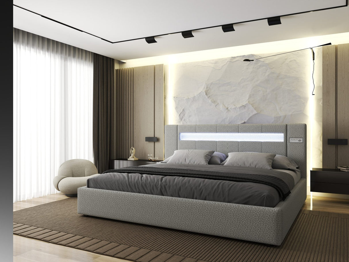 Set Pat dormitor dumonde, tapitat Gri, Glow 160x200 cm, somiera rabatabila inclusa, spatiu depozitare + saltea