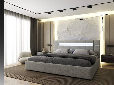 Set Pat dormitor dumonde, tapitat Gri, Glow 160x200 cm, somiera rabatabila inclusa, spatiu depozitare + saltea
