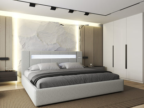 Set Pat dormitor dumonde, tapitat Gri, Glow 160x200 cm, somiera rabatabila inclusa, spatiu depozitare + saltea
