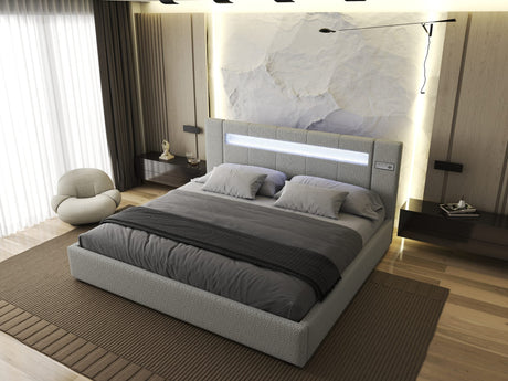 Set Pat dormitor dumonde, tapitat Gri, Glow 160x200 cm, somiera rabatabila inclusa, spatiu depozitare + saltea