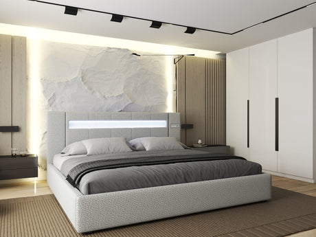 Pat dormitor dumonde, tapitat Gri, Glow 160x200 cm, somiera rabatabila inclusa, spatiu depozitare