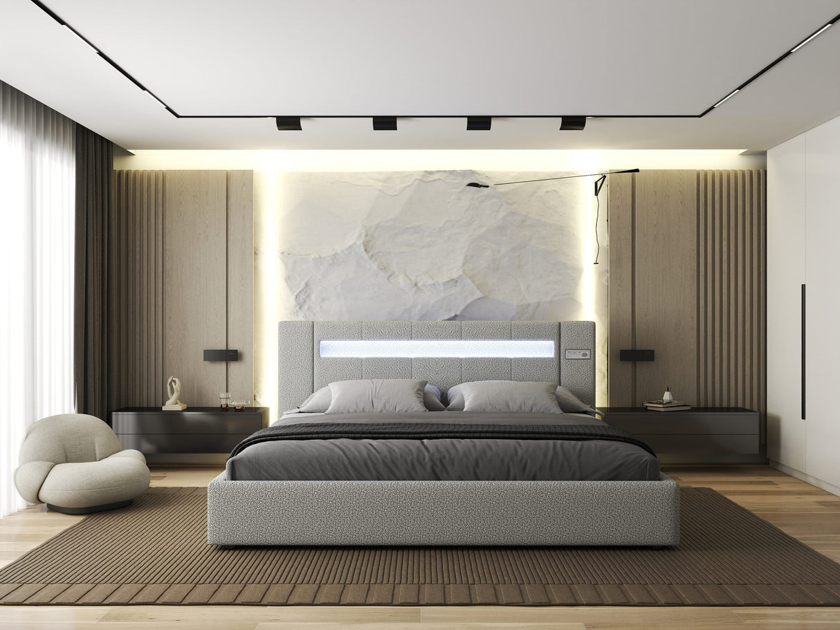 Pat dormitor dumonde, tapitat Gri, Glow 160x200 cm, somiera rabatabila inclusa, spatiu depozitare